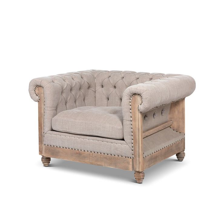Aged Oak and beige canvas tufted accent chair - The Coastal Compass Home Decor