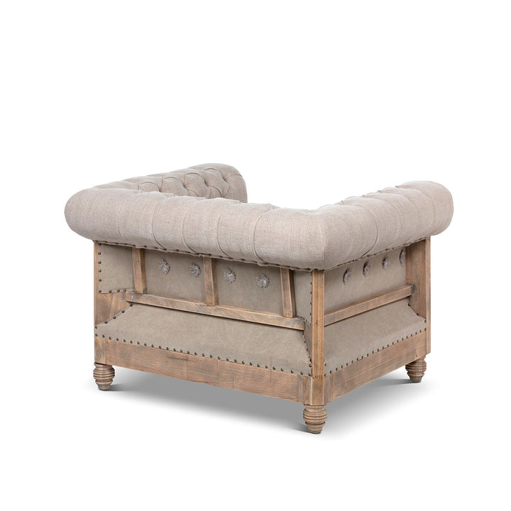 Aged Oak and beige canvas tufted accent chair - The Coastal Compass Home Decor