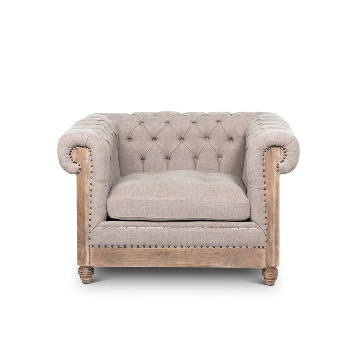 Aged Oak and beige canvas tufted accent chair - The Coastal Compass Home Decor