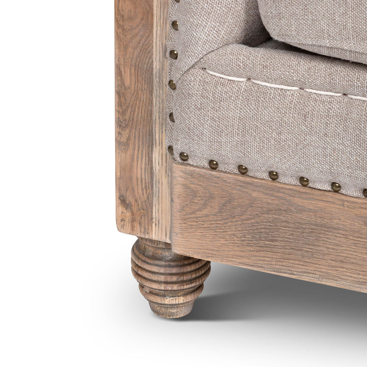 Aged Oak and beige canvas tufted accent chair - The Coastal Compass Home Decor