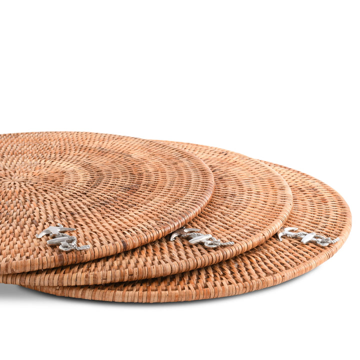 Woven Rattan Anchor Placemats - Woven Rattan - Pewter Anchor Emblem - Set/4 - Coastal Compass Home Decor