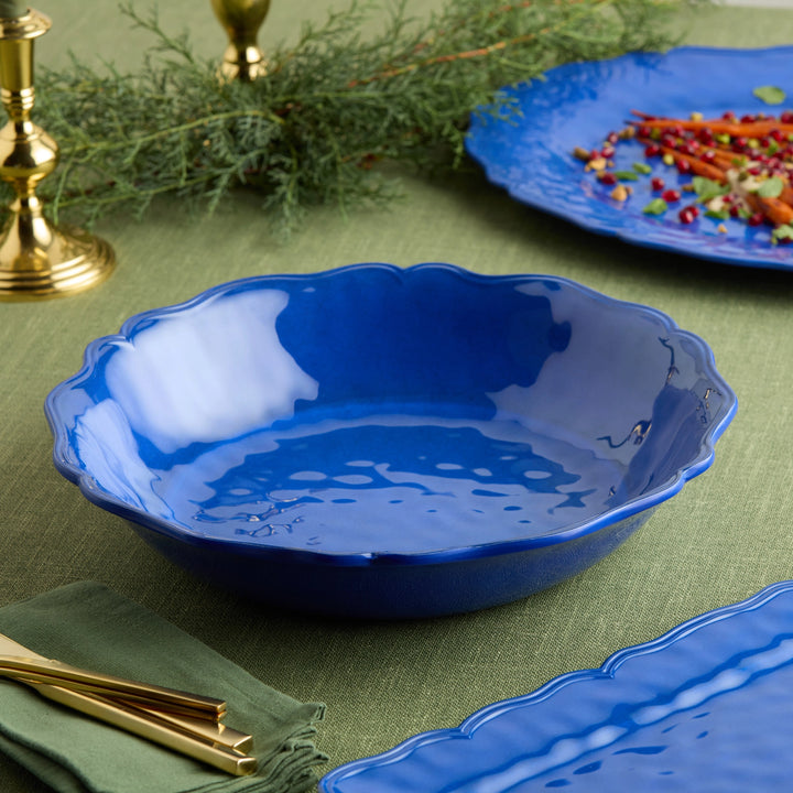 Beach Blue Serve Ware - Large Serving Bowl - Solid Blue - Crackle finish - Scalloped edges - Coastal Compass Home Decor