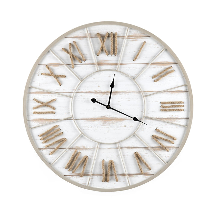 Beach Time Wall Clock - Woven Rope Numerals - Natural Wood - White wash Finish - Coastal Compass Home Decor