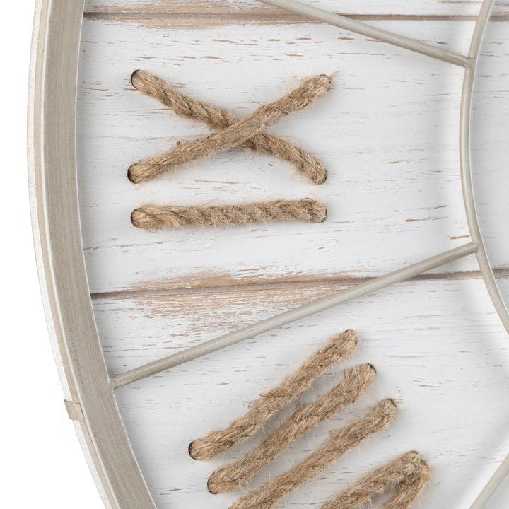 Beach Time Wall Clock - Woven Rope Numerals - Natural Wood - White wash Finish - Coastal Compass Home Decor