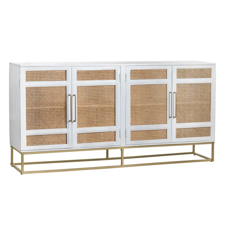 Bengal White & Cane Sideboard - White Finish with gold hardware & cane door fronts - 4 doors - Coastal Compass Home Decor