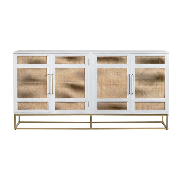 Bengal White & Cane Sideboard - White Finish with gold hardware & cane door fronts - 4 doors - Coastal Compass Home Decor