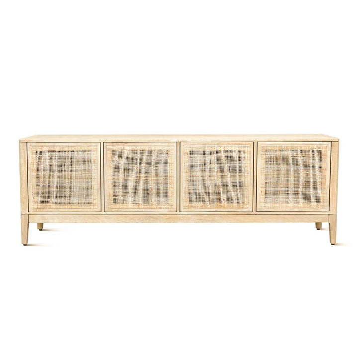 Blanca Mango Wood Media Cabinet - Natural white wood finish - Cane front doors - Coastal Compass home Decor