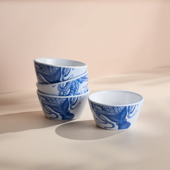 Blue Lucia Melamine Snack Bowl Set - Lucia the octopus on white bowls - Coastal Compass Home Decor