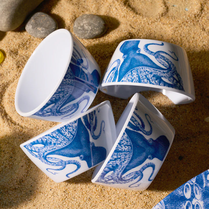 Blue Lucia Melamine Snack Bowl Set - Lucia the octopus on white bowls - Coastal Compass Home Decor