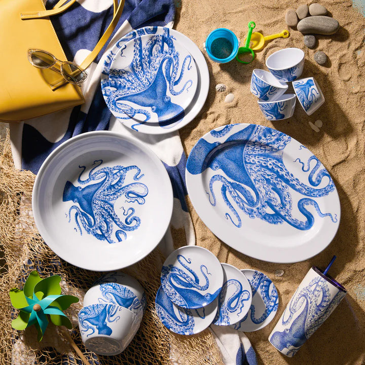 Blue Lucia Melamine Outdoor Dinnerware Collection  - Lucia the octopus on white bowls, platters & plates - Coastal Compass Home Decor