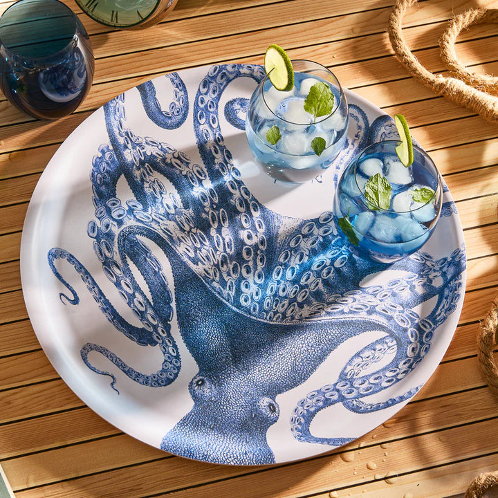 Blue Lucia Round Melamine Tray - Blue Octopus on white - Coastal Compass Home Decor