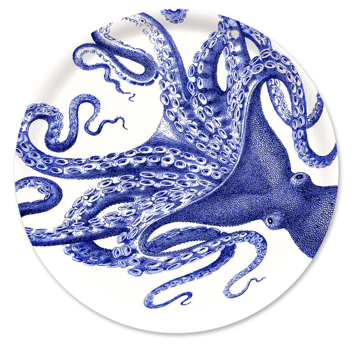 Blue Lucia Round Melamine Tray - Detailed Blue Octopus on white - Coastal Compass Home Decor