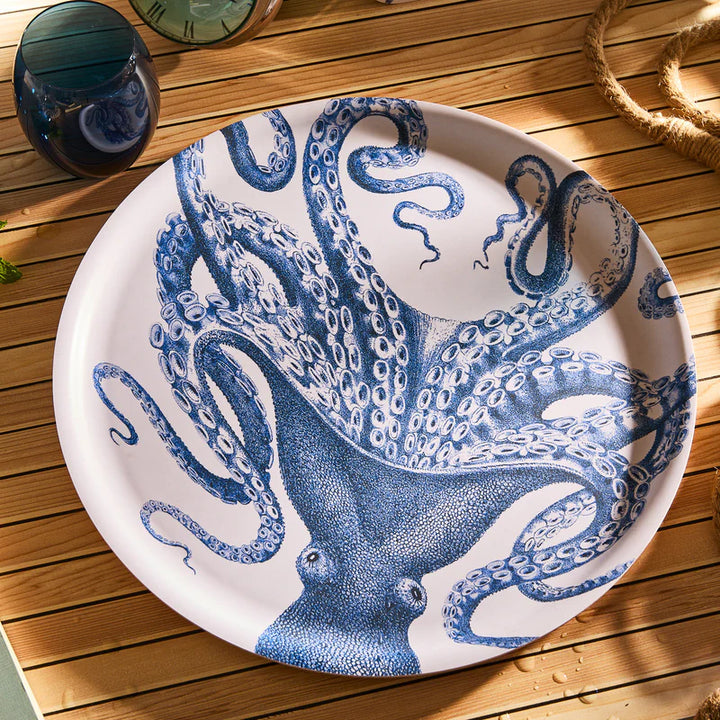 Blue Lucia Round Melamine Tray - Detailed Blue Octopus on white - Coastal Compass Home Decor