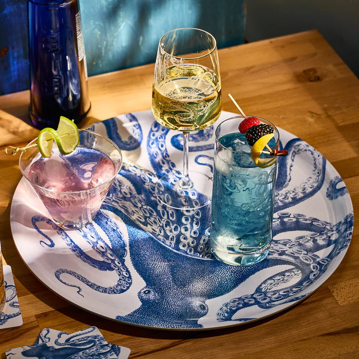 Blue Lucia Round Melamine Tray - Detailed Blue Octopus on white - Coastal Compass Home Decor