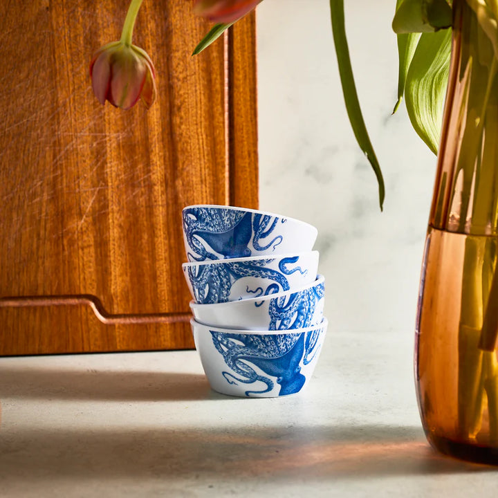 Blue Lucia Melamine Snack Bowl Set - Lucia the octopus on white bowls - Coastal Compass Home Decor