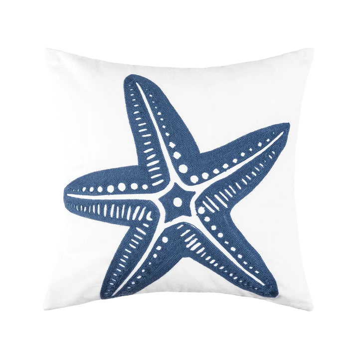Blue Reef Starfish Throw Pillow - White cover w/ blue starfish - Embroidery - 18" x 18" - Coastal Compass Home Decor