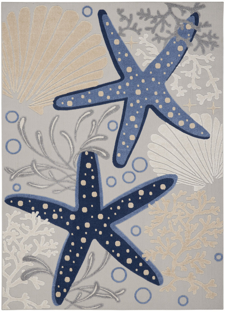 Blue Grey Starfish Indoor/Outdoor Area Rug - Blue starfish on grey background - white seashells & coral - Coastal Compass Home Decor
