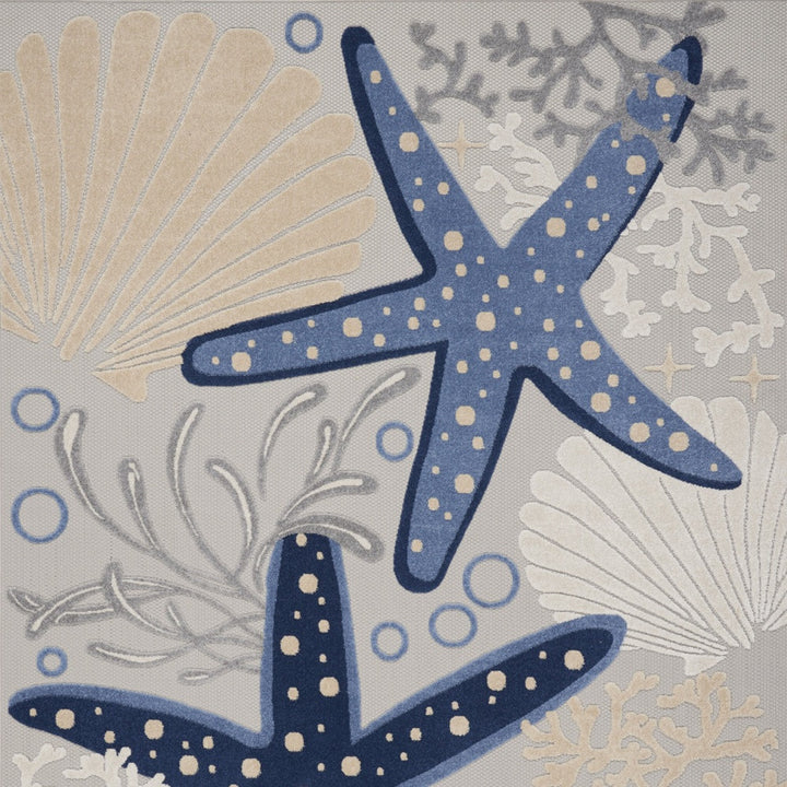 Blue Grey Starfish Indoor/Outdoor Area Rug - Blue starfish on grey background - white seashells & coral - Coastal Compass Home Decor