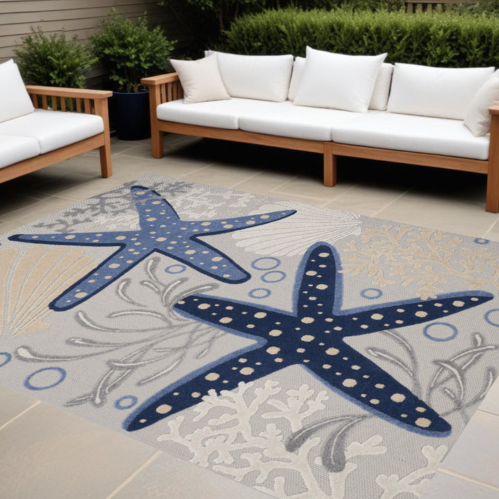 Blue Grey Starfish Indoor/Outdoor Area Rug - Blue starfish on grey background - white seashells & coral - Coastal Compass Home Decor