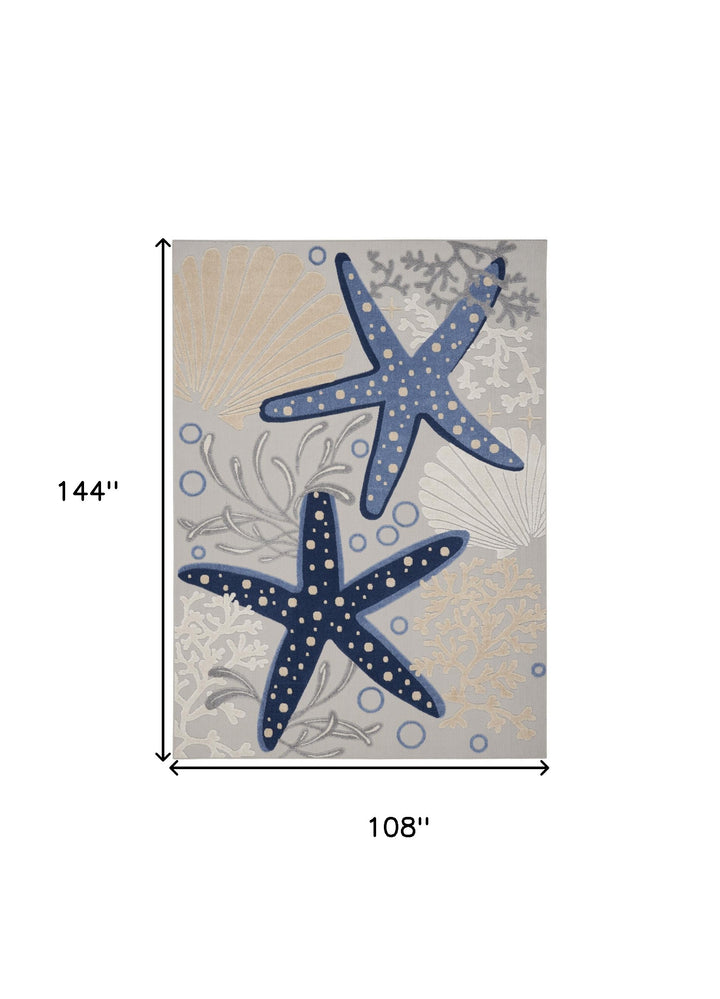 Blue Grey Starfish Indoor/Outdoor Area Rug - Blue starfish on grey background - white seashells & coral - dimensions 144" x 108" - Coastal Compass Home Decor