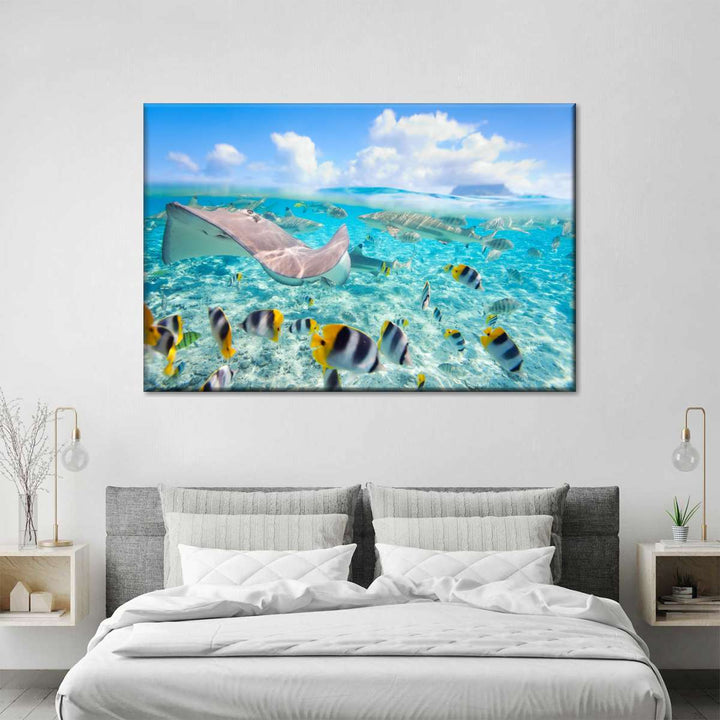 Bora Bora Sea Life Wall Art - Large Canvas - Fish & Shark Underwater Sea - Coastal Artwork - Coastal Compass Home Decor