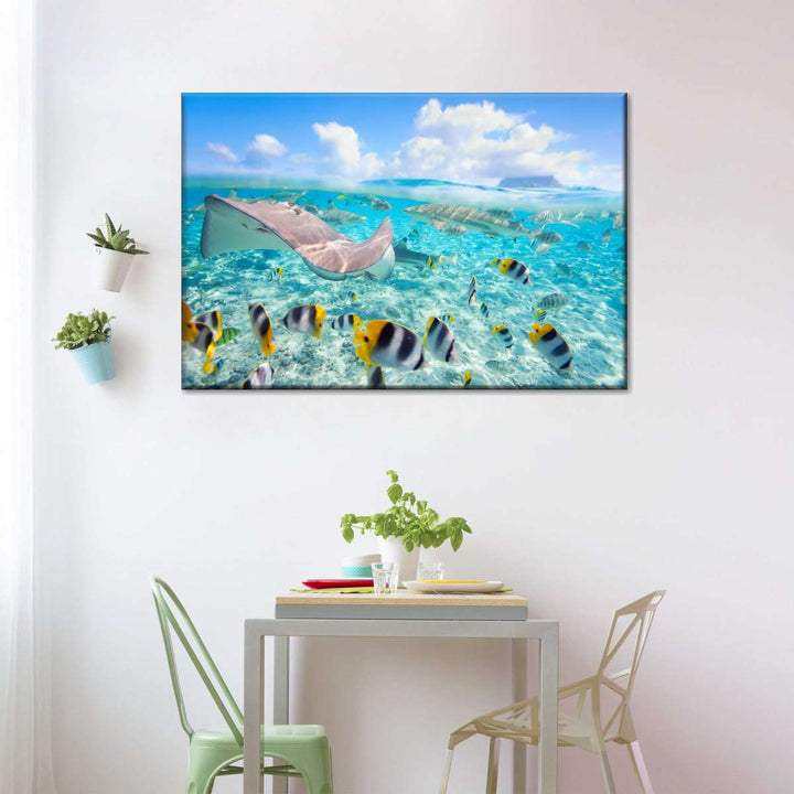 Bora Bora Sea Life Wall Art - Large Canvas - Fish & Shark Underwater Sea - Coastal Artwork - Coastal Compass Home Decor