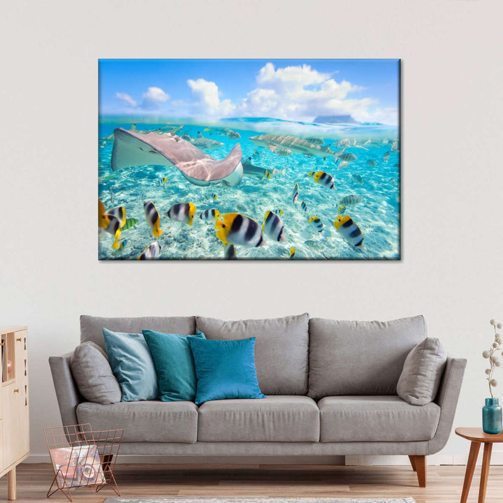 Bora Bora Sea Life Wall Art - Large Canvas - Fish & Shark Underwater Sea - Coastal Artwork - Coastal Compass Home Decor