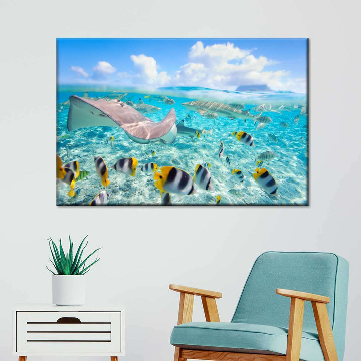 Bora Bora Sea Life Wall Art - Large Canvas - Fish & Shark Underwater Sea - Coastal Artwork - Coastal Compass Home Decor