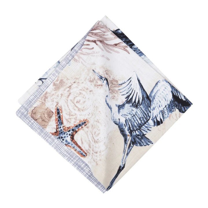Brunswick Cloth Napkin - Blue Heron, starfish & seashells - Coastal Compass Home Decor