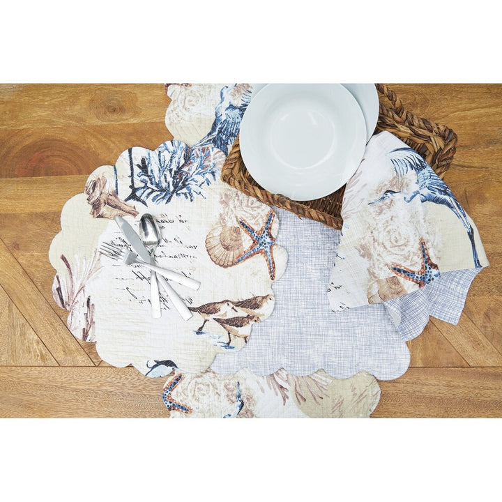 Brunswick Table Linens - Placemats, Napkins & Table runner - Blue Heron, Starfish, Seashells & Coral - Coastal Compass Home Decor
