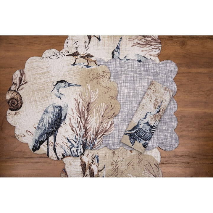 Brunswick Table Linen Collection - Placemat, Table runner, napkins - Blue heron, coral, seashells & starifsh - Blues, browns & tans on white background - Coastal Compass Home Decor