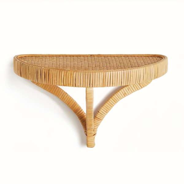 Rattan wall shelf on a white background. Coastal Compass Home Decor