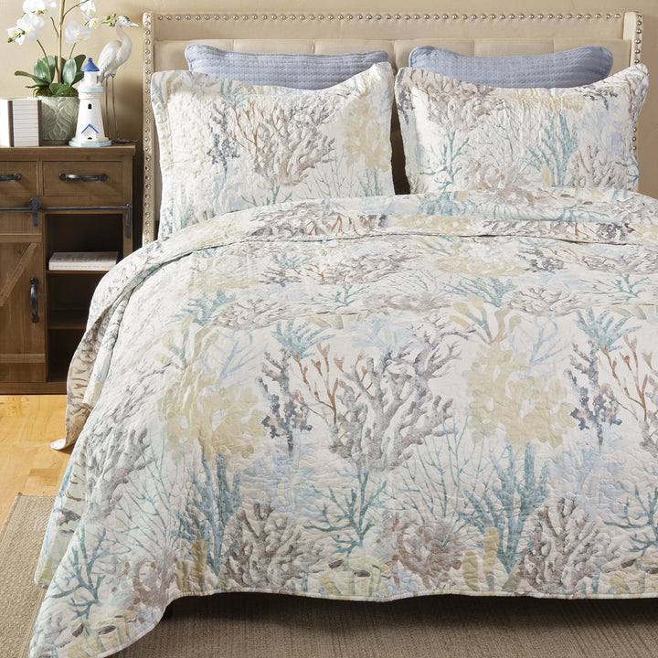 Coastal Coral Reef Quilt Set - Coral Motifs - Yellow, blue & greys - Coastal Compass Home Decor