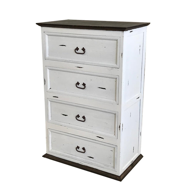 White dresser with four drawers on a white background