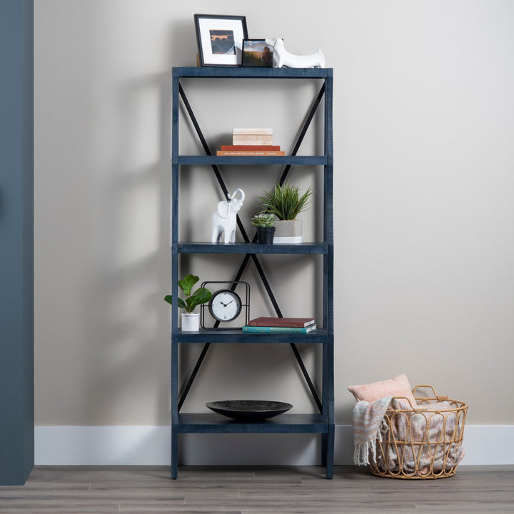 Coastline Etagere - Navy Blue Painted - Natural Wood & Metal - 5 shelves - X Metal back support - Coastal Compass Home Decor