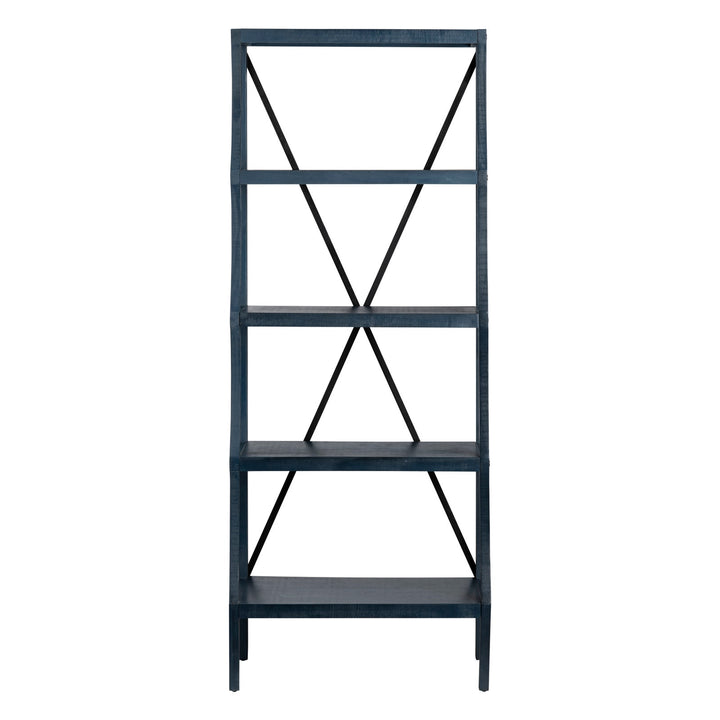 Coastline Etagere - Navy Blue Painted - Natural Wood & Metal - 5 shelves - X Metal back support - Coastal Compass Home Decor