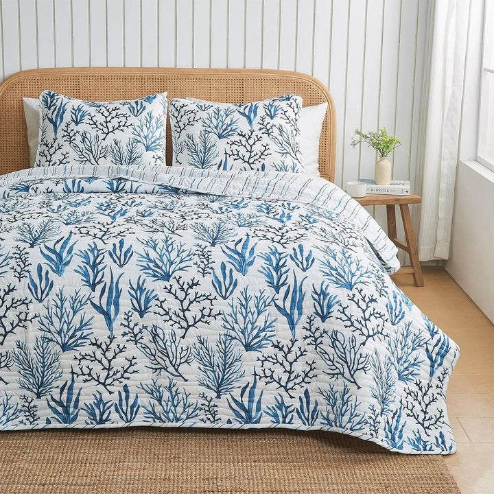 Coral Navy Reversible Quilt Set