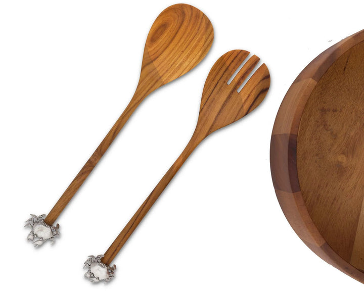 Crab Acacia Salad Bowl Set - Coastal Compass Home Decor