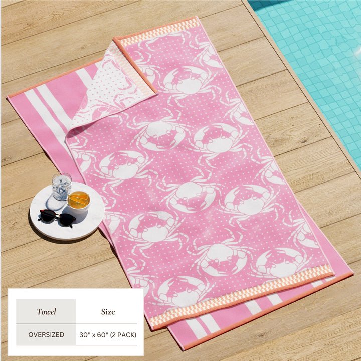 Crabs & Stripes Cotton Velour Beach Towel Pack - White Crabs on Pink towel - matching pink & white stripes - orange edges - coastal compass home decor