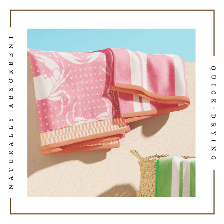 Crabs & Stripes Cotton Velour Beach Towel Pack - White Crabs on Pink towel - matching pink & white stripes - orange edges - coastal compass home decor