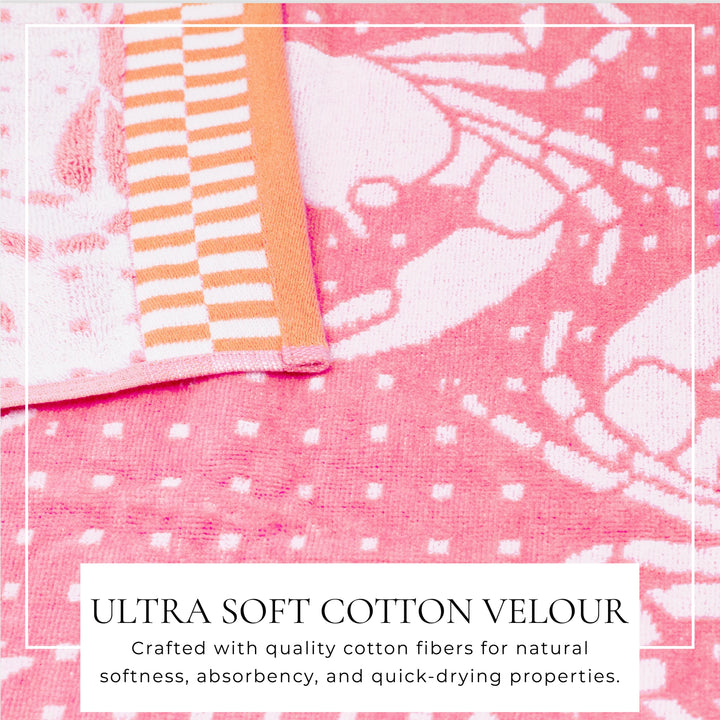 Crabs & Stripes Cotton Velour Beach Towel Pack - White Crabs on Pink towel - matching pink & white stripes - orange edges - coastal compass home decor