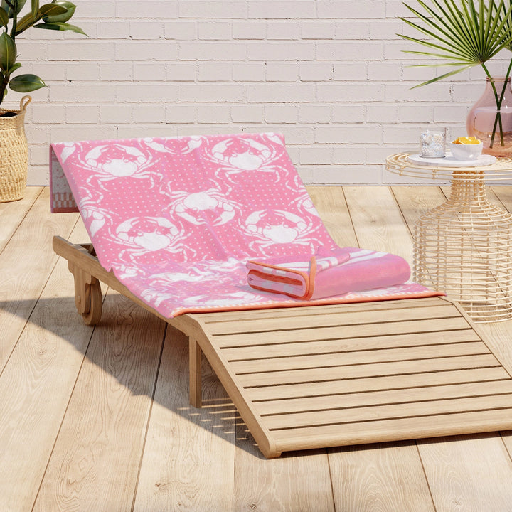 Crabs & Stripes Cotton Velour Beach Towel Pack - White Crabs on Pink towel - matching pink & white stripes - orange edges - coastal compass home decor