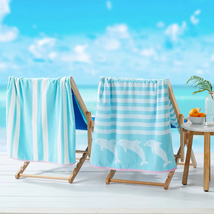 Dolphins & Stripes Cotton Velour Beach Towel Pack - Dolphin w/ stripes & pink edges - matching white & blue stripe towel - Coastal Compass Home Decor