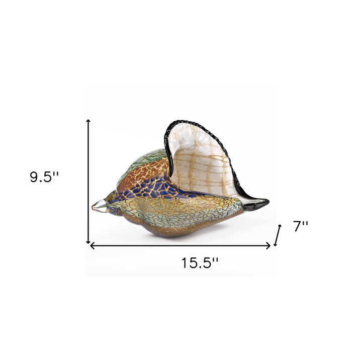 Crystal Glass Conch Shell Sculpture - Purple, gold, orange & teal- 9.5" x 15.5" - Coastal Compass Home Decor