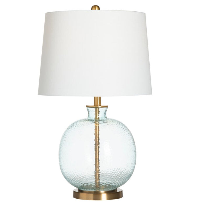 Hammered Glass Table Lamp - Blue Glass - Gold Brass Hardware - White Lamp Shade - Coastal Compass Home Decor
