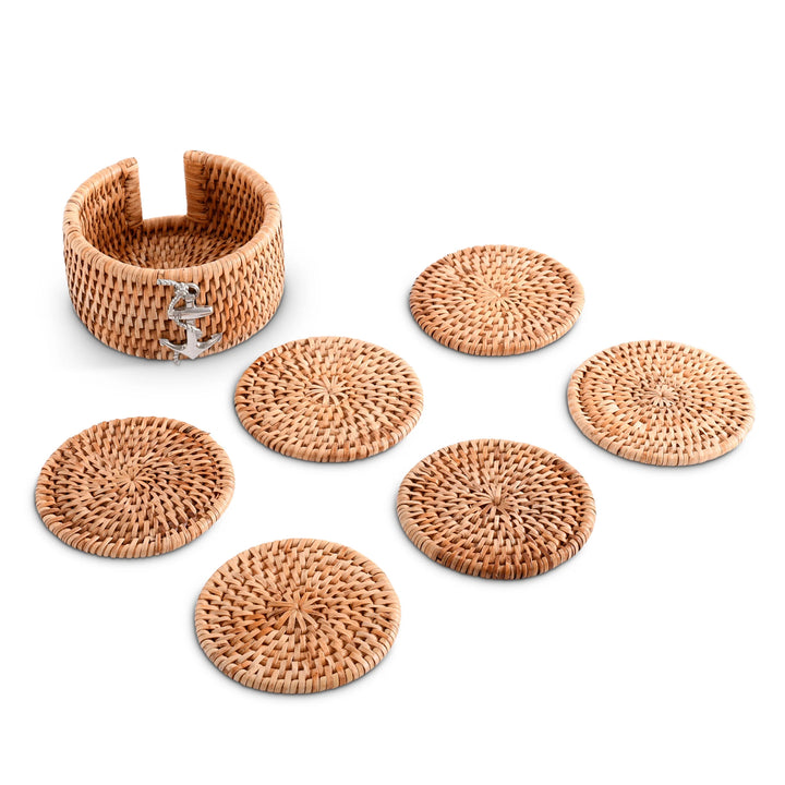 Hand Woven Rattan Anchor Coaster Set - Rattan - Pewter Emblem - 6 Coasters & 1 coaster holder - Coastal Compass Home Decor