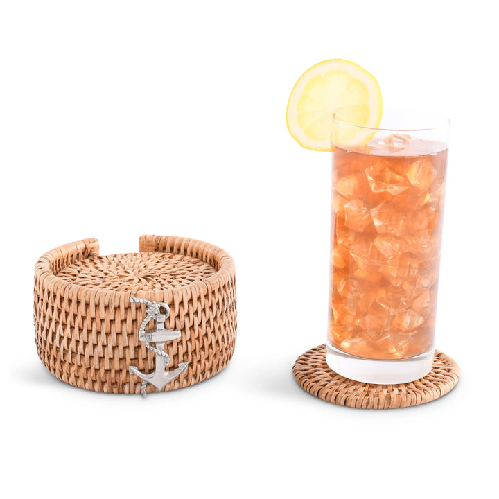 Hand Woven Rattan Anchor Coaster Set - Rattan - Pewter Emblem - 6 Coasters & 1 coaster holder - Coastal Compass Home Decor