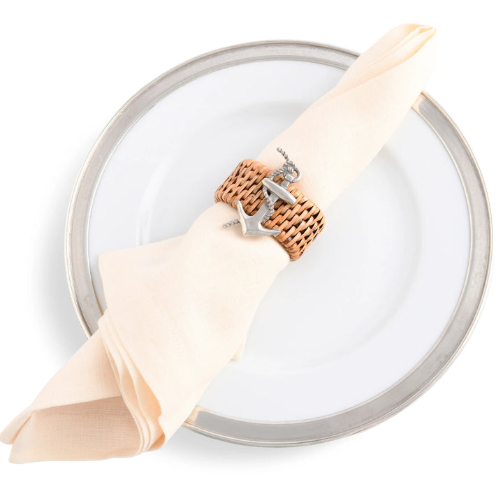 Woven Rattan Anchor Napkin Rings - Woven Rattan - Pewter Anchor Emblem - Set/4 - Coastal Compass Home Decor