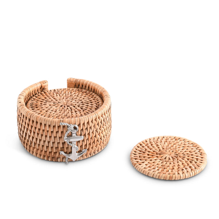 Hand Woven Rattan Anchor Coaster Set - Rattan - Pewter Emblem - 6 Coasters & 1 coaster holder - Coastal Compass Home Decor
