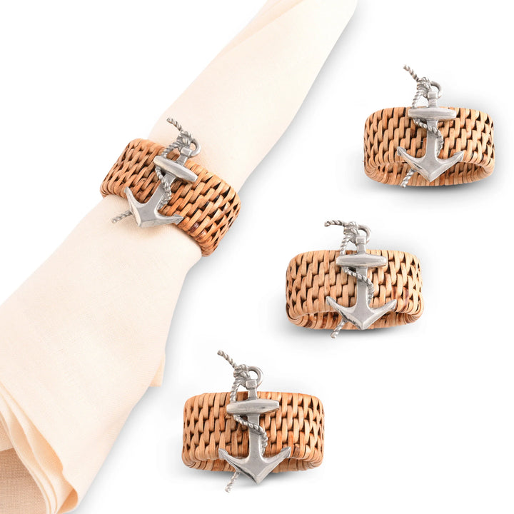 Woven Rattan Anchor Napkin Rings - Woven Rattan - Pewter Anchor Emblem - Set/4 - Coastal Compass Home Decor